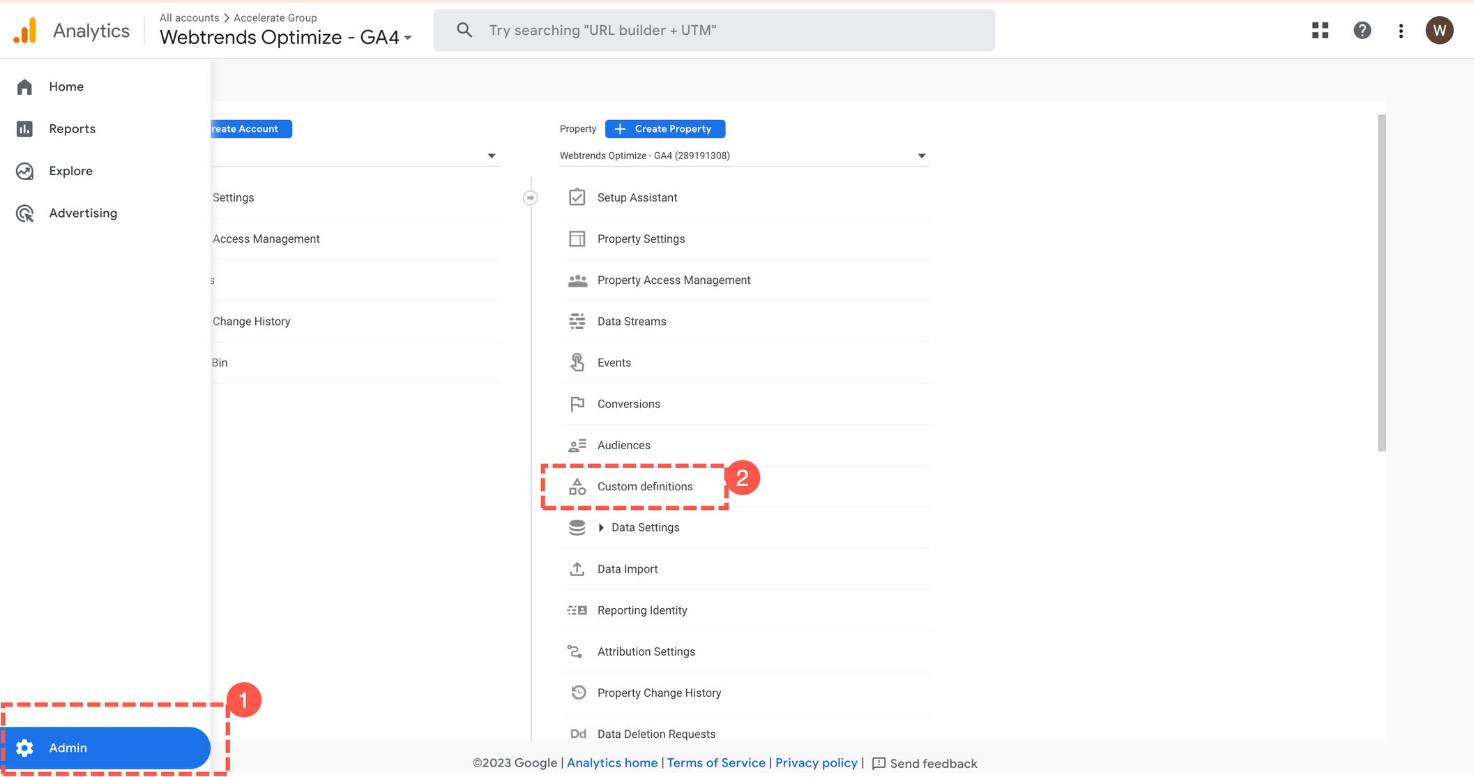 GA4 - Custom Definitions screen