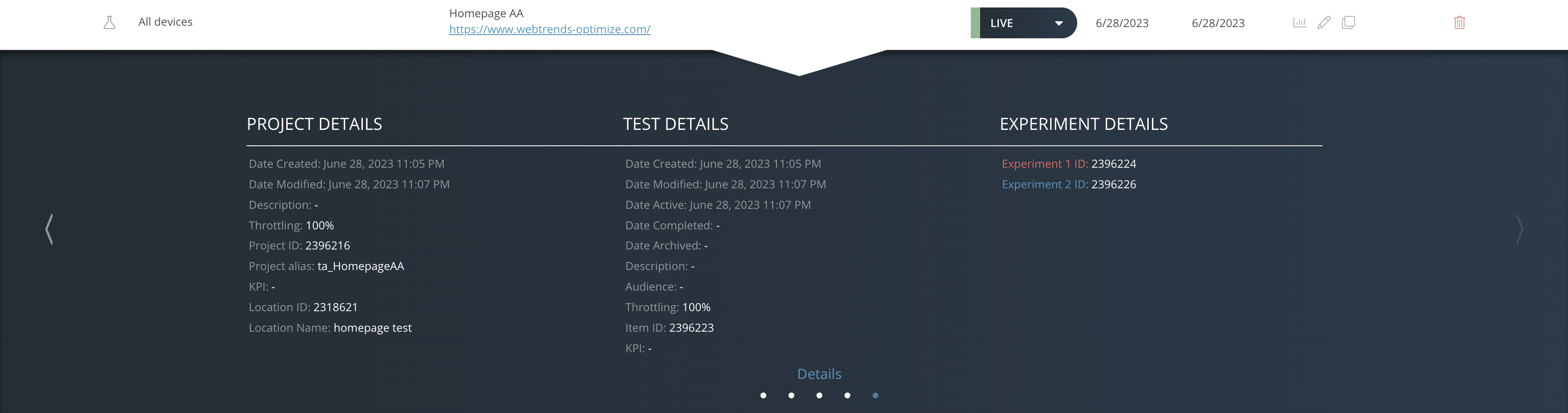 Optimize UI Dashboard - Experiment IDs
